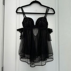 Victoria’s Secret black crystal rhinestone babydoll with bow tie details